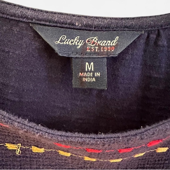 Lucky Brand Navy Blue Top Boho with Embroidery size Medium 3/4 length - Picture 2 of 7